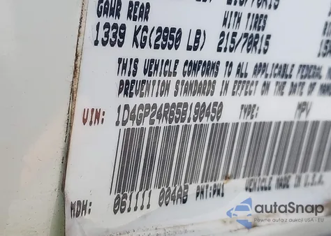 2005 Dodge Grand Caravan Se z USA, uszkodzony, nr VIN 1D4GP24R65B190450